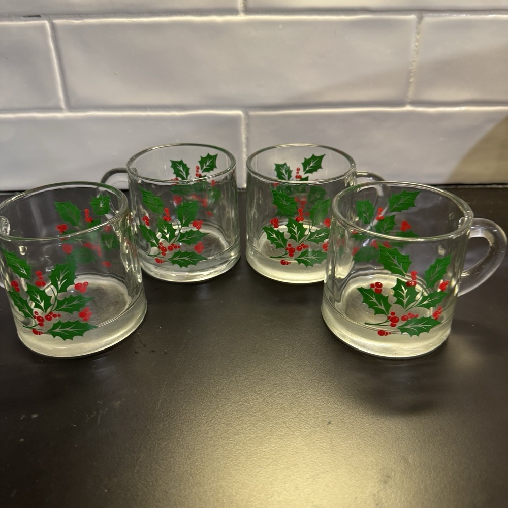 Indiana Glass Vintage Holly Berry Egg Nog Christmas Mugs Cup w Handles Set of 4
